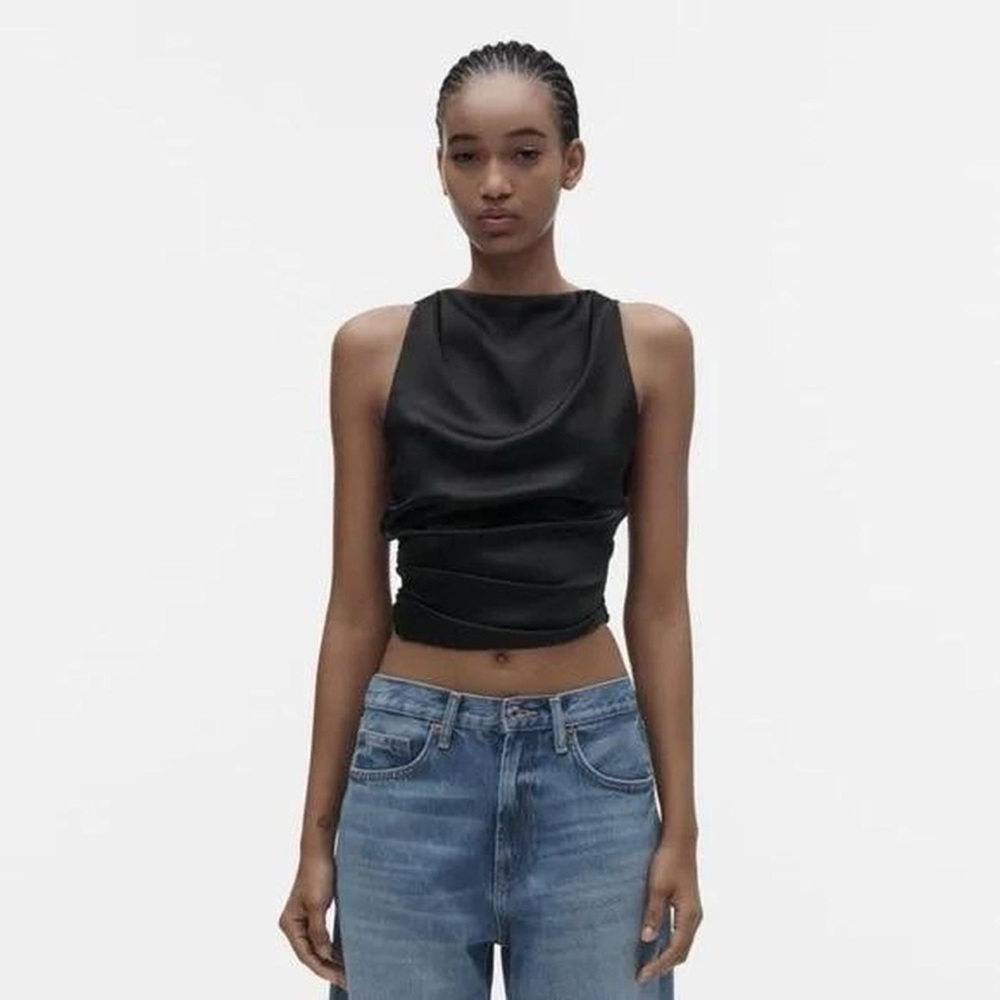 NWT Zara open tie back black satin effect sleeveless mock neck top size S